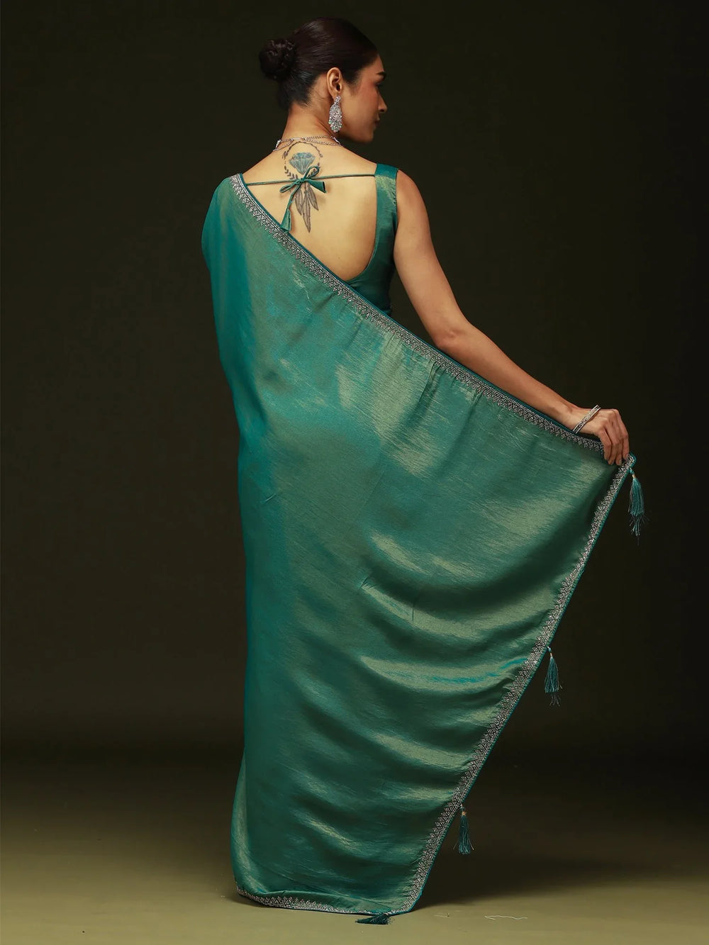 Teal Green Party Wear Satin Silk Embellished Saree - The Dori Store