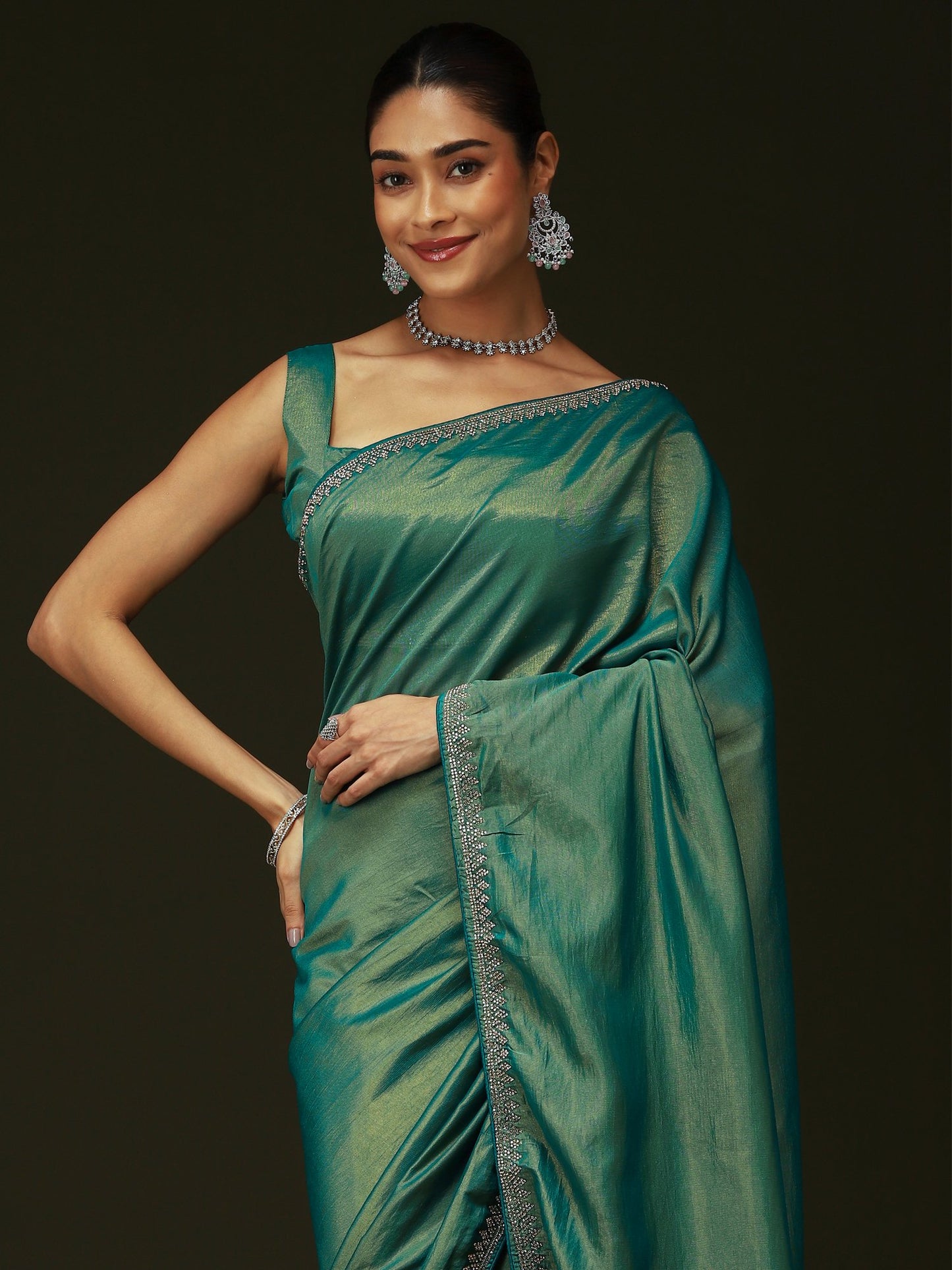 Teal Party Wear Satin Silk Embellished Saree
