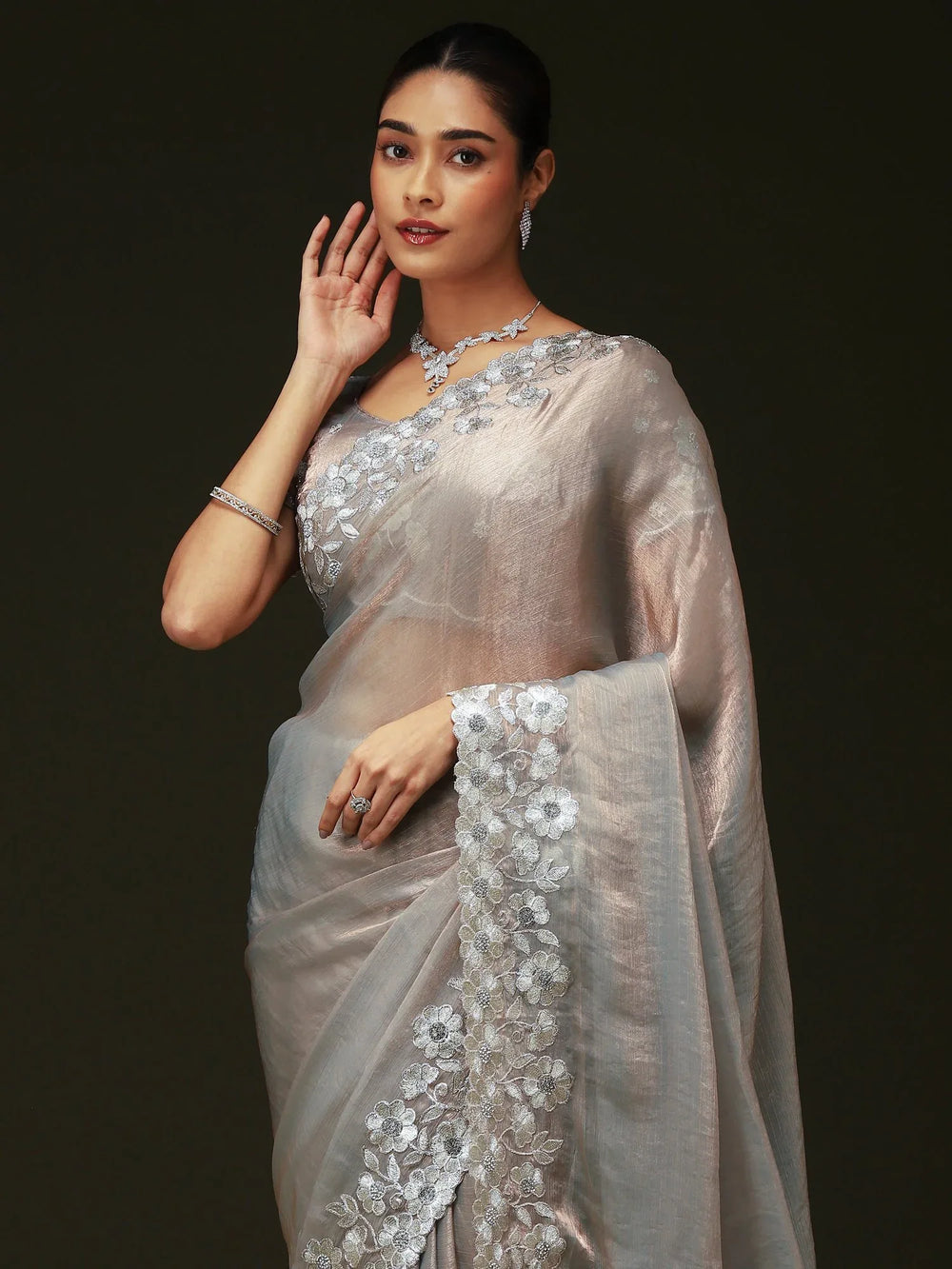 Silver Party Wear Chiffon Embellished Saree - The Dori Store