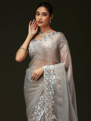 Silver Party Wear Chiffon Embellished Saree - The Dori Store