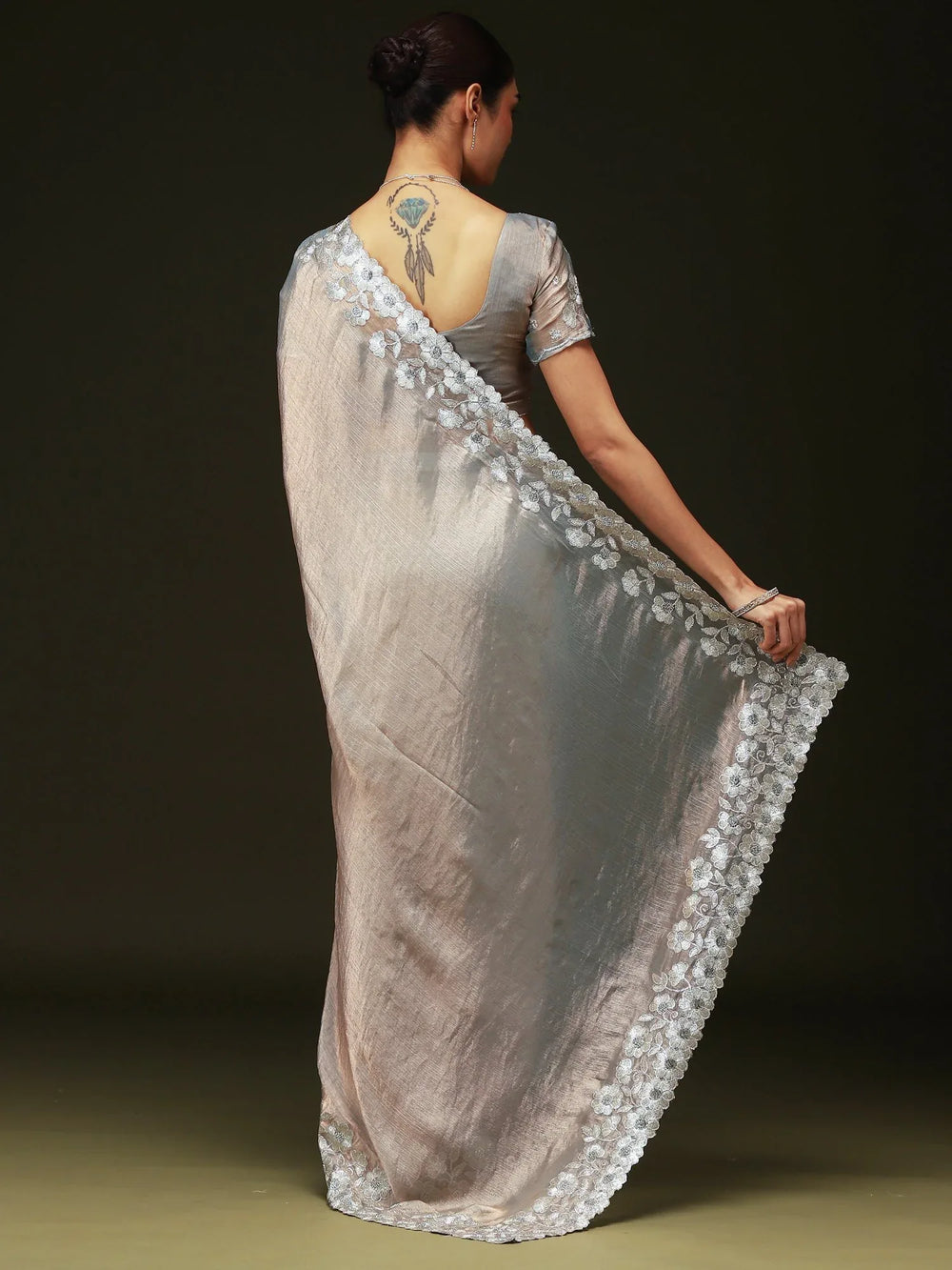 Silver Party Wear Chiffon Embellished Saree - The Dori Store