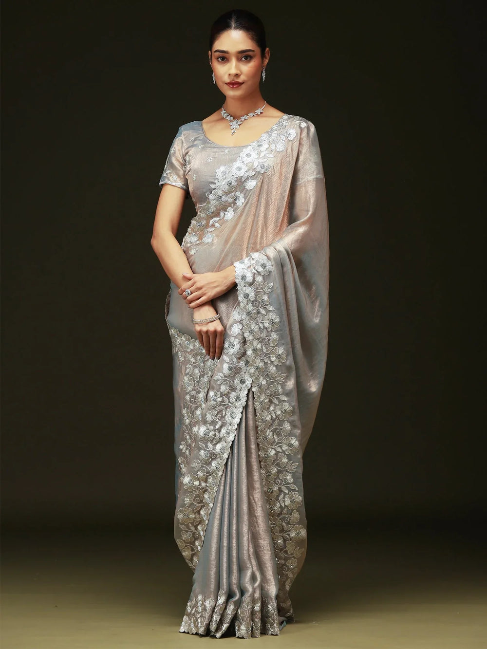 Silver Party Wear Chiffon Embellished Saree - The Dori Store