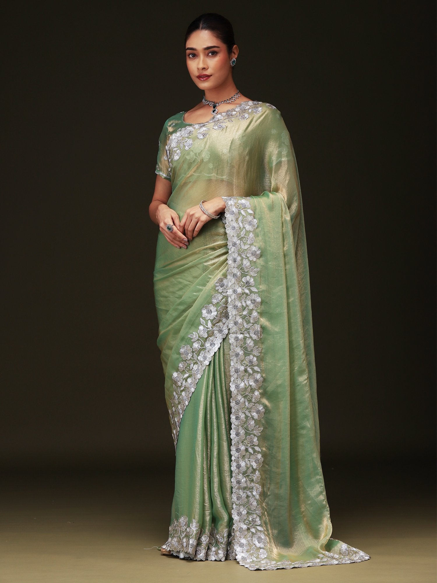 Green Light Party Wear Chiffon Embellished Saree