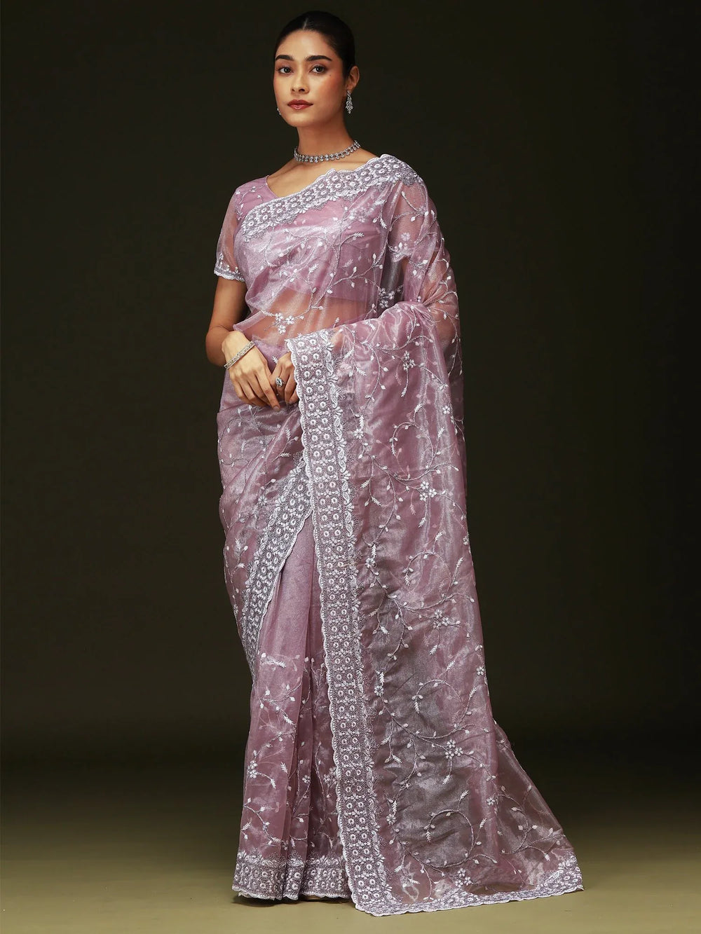 Purple Party Wear Organza Embellished Saree - The Dori Store