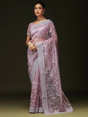 Purple Party Wear Organza Embellished Saree - The Dori Store