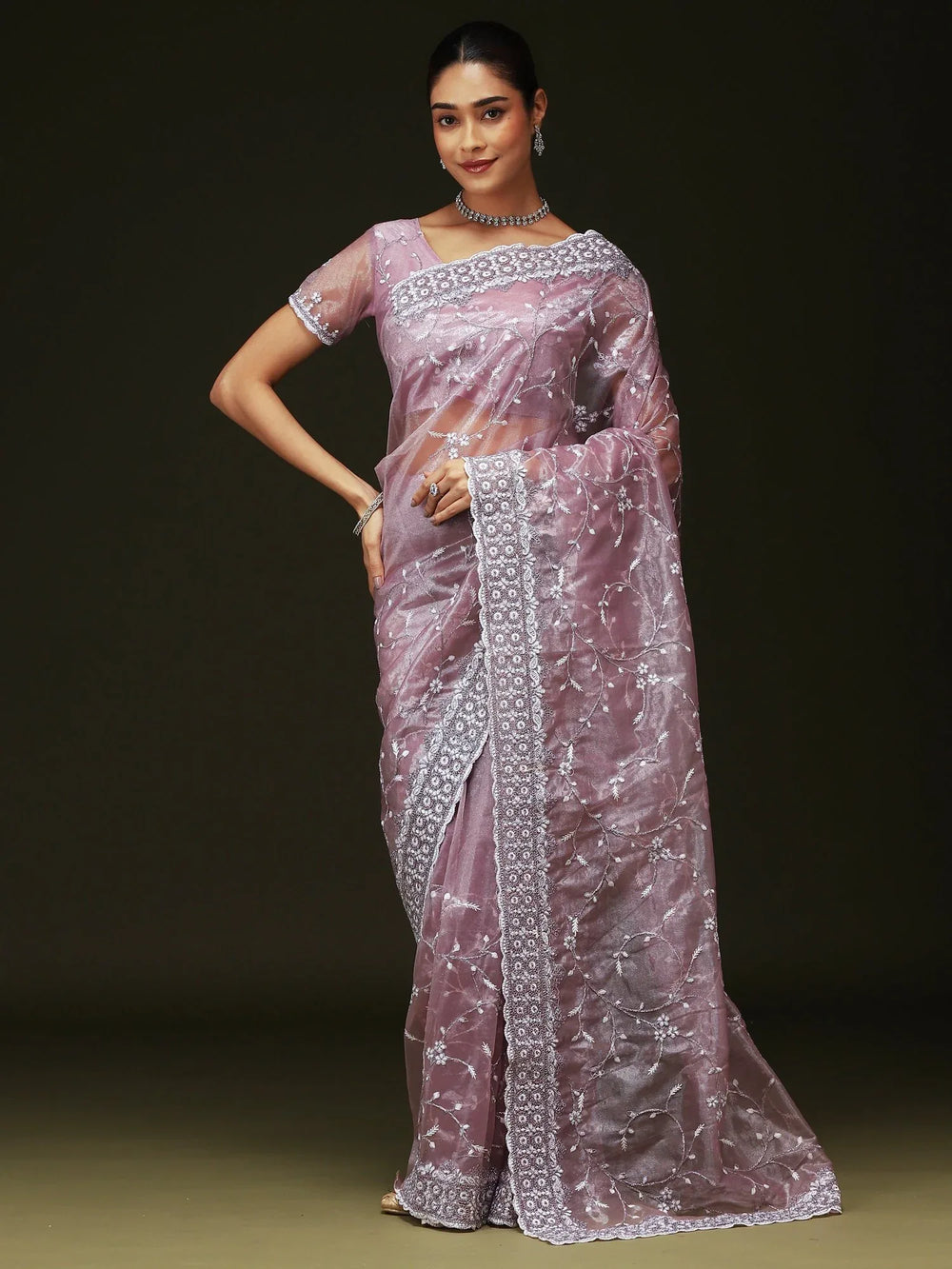 Purple Party Wear Organza Embellished Saree - The Dori Store