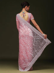 Pink Party Wear Organza Embellished Saree - The Dori Store