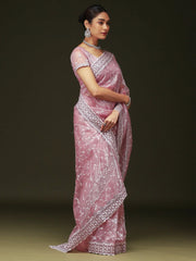 Pink Party Wear Organza Embellished Saree - The Dori Store