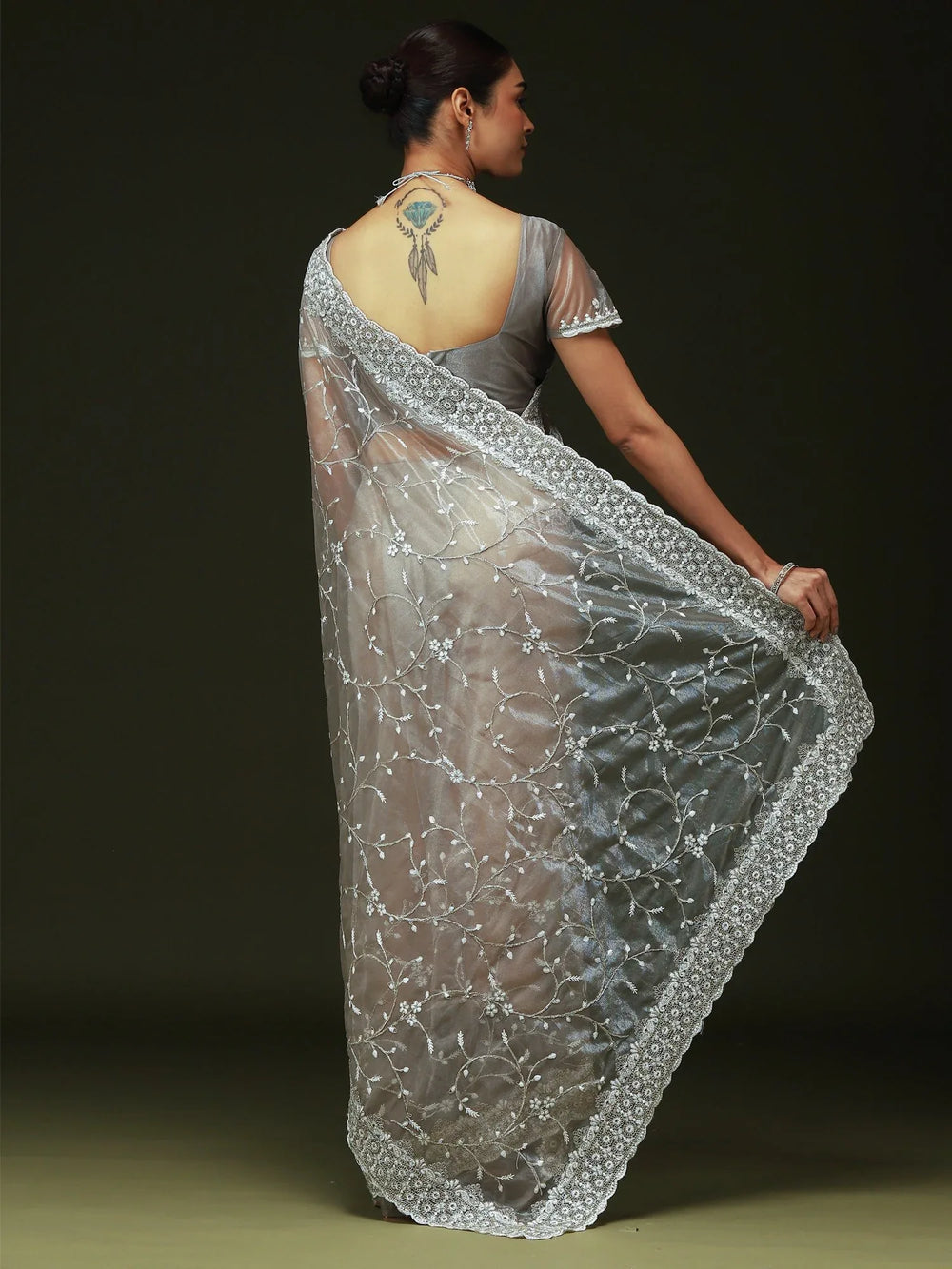 Silver Party Wear Organza Embellished Saree - The Dori Store