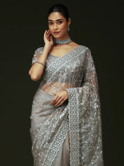 Silver Party Wear Organza Embellished Saree - The Dori Store