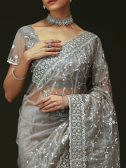 Silver Party Wear Organza Embellished Saree - The Dori Store
