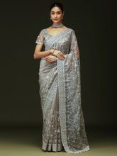 Silver Party Wear Organza Embellished Saree - The Dori Store