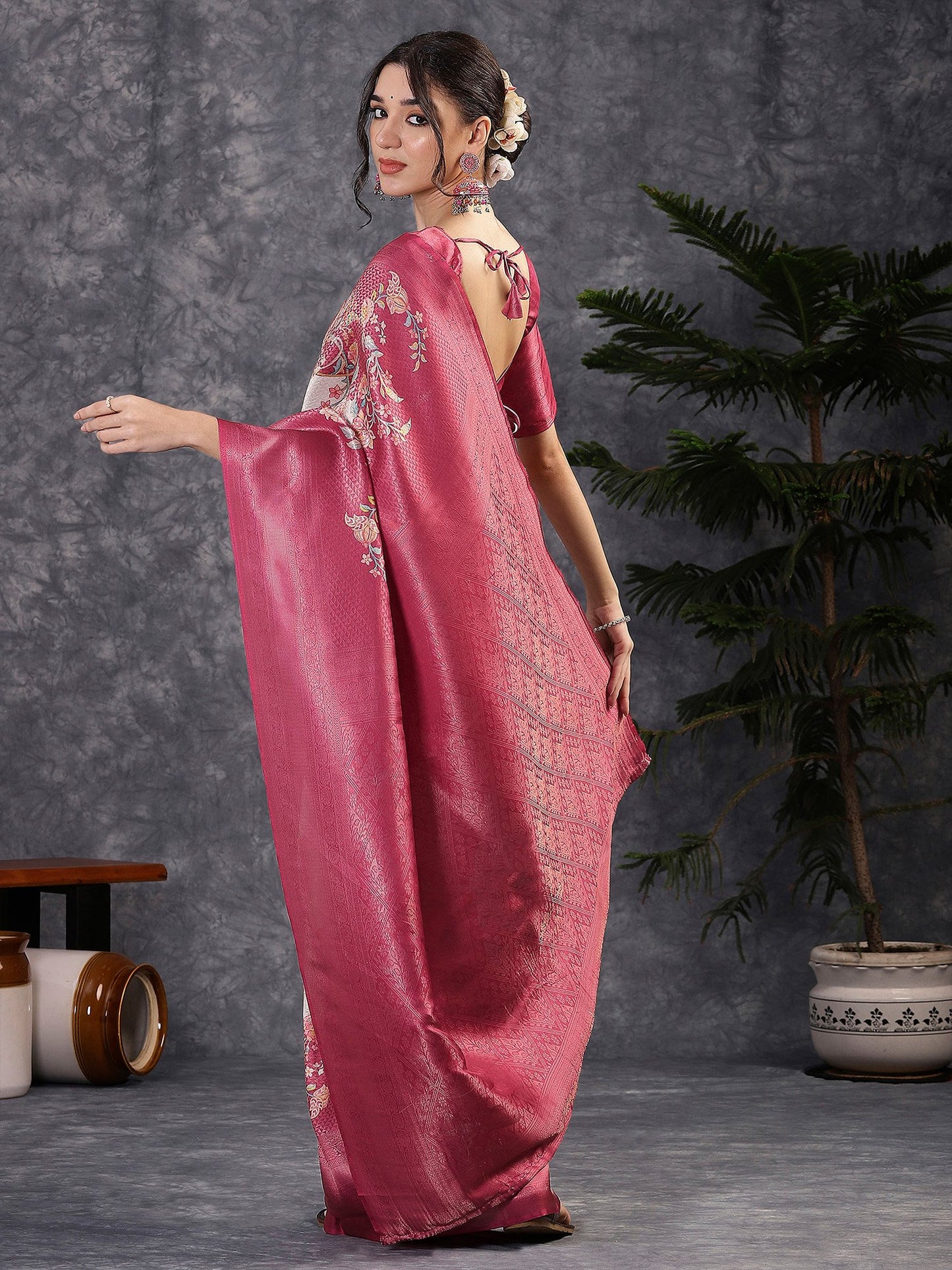 Pink Banarasi Silk Blend Digital Print Saree