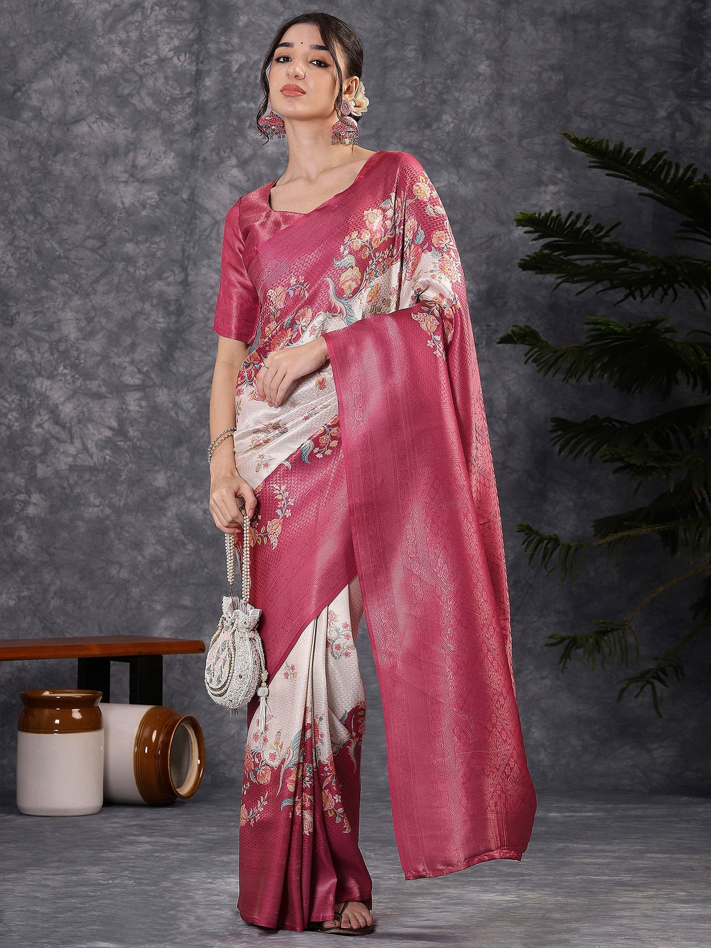 Pink Banarasi Silk Blend Digital Print Saree