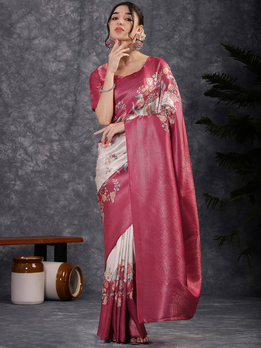Pink Pink Banarasi Silk Blend Digital Print Saree