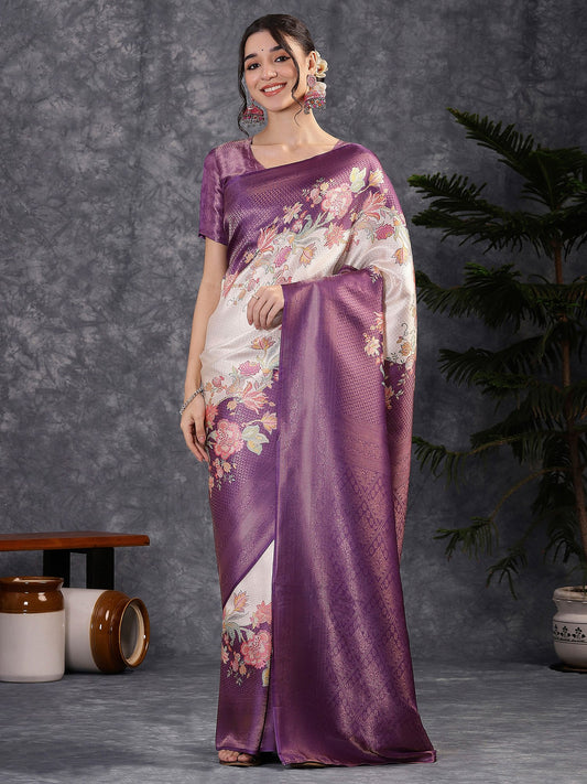 Purple Purple Banarasi Silk Blend Digital Print Saree