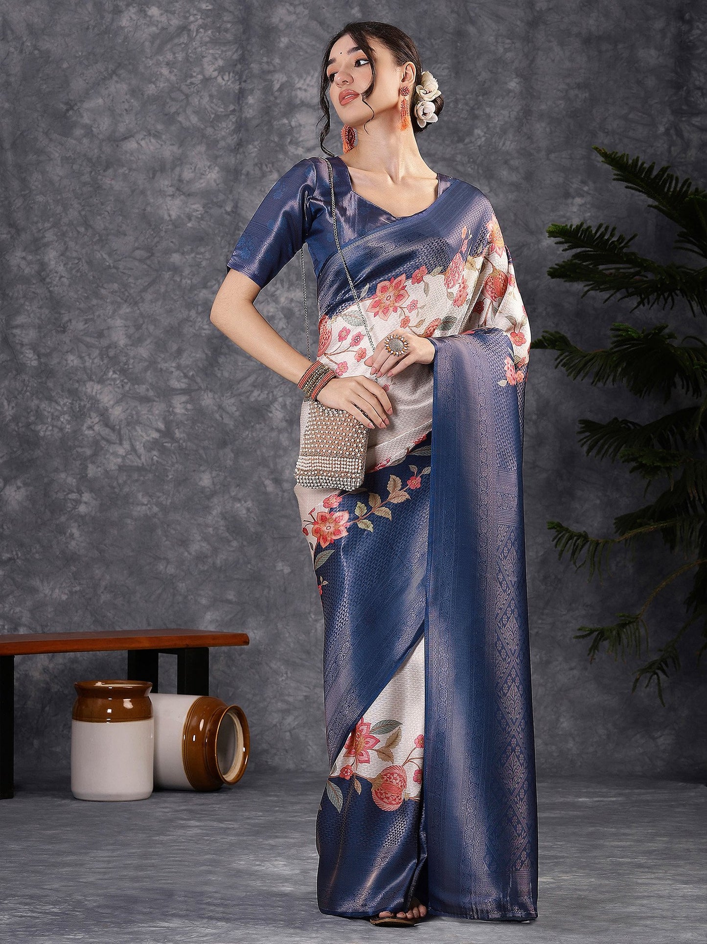 Blue Banarasi Silk Blend Digital Print Saree