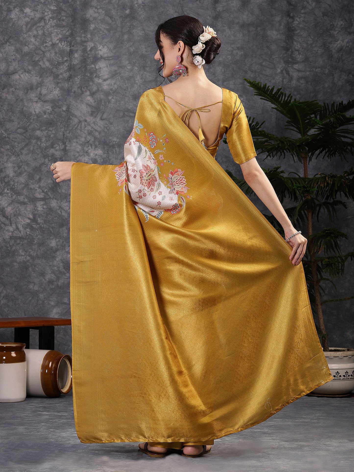 Mustard Banarasi Silk Blend Digital Print Saree