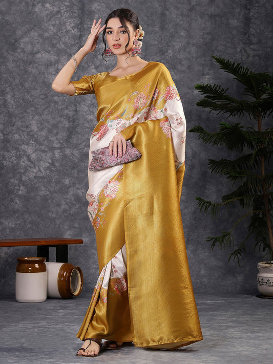 Yellow Mustard Banarasi Silk Blend Digital Print Saree