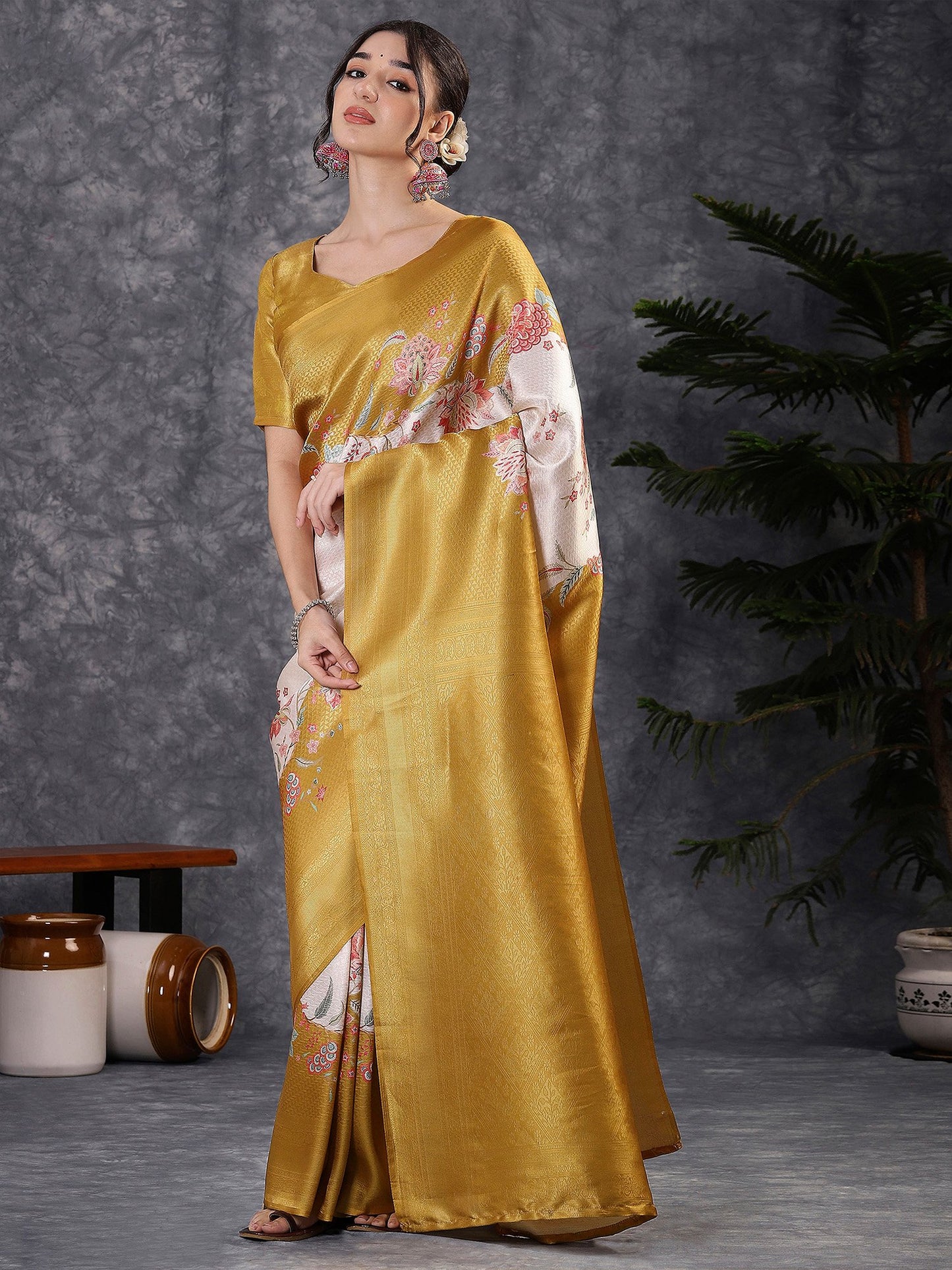 Mustard Banarasi Silk Blend Digital Print Saree