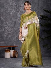 Green Banarasi Silk Blend Digital Print Saree - The Dori Store