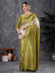 Green Banarasi Silk Blend Digital Print Saree - The Dori Store