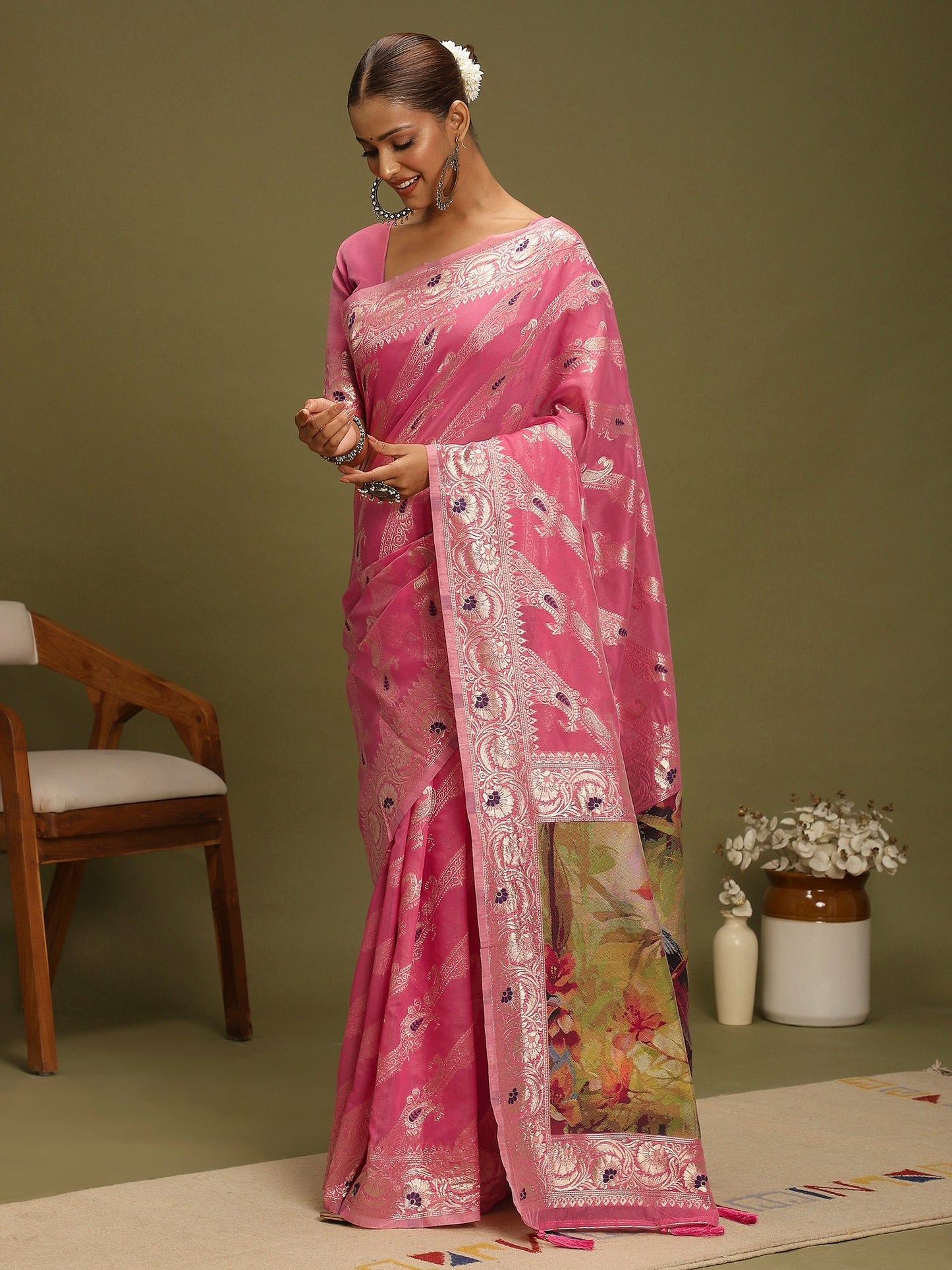 Pink Banarasi Organza Woven Saree