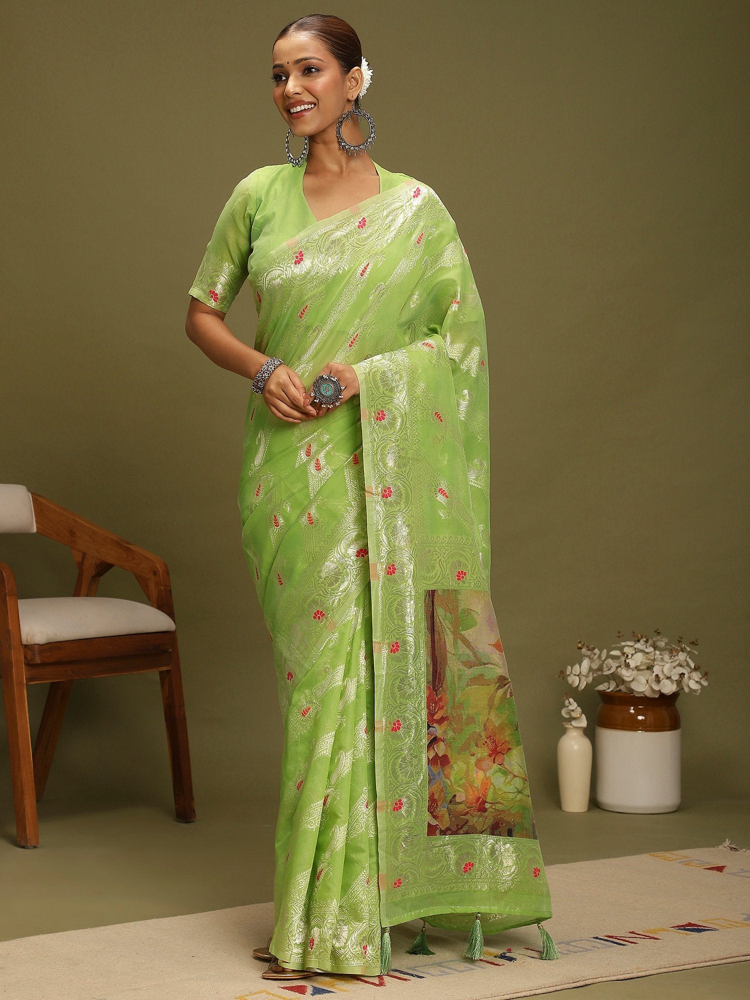 Green Light Banarasi Organza Woven Saree