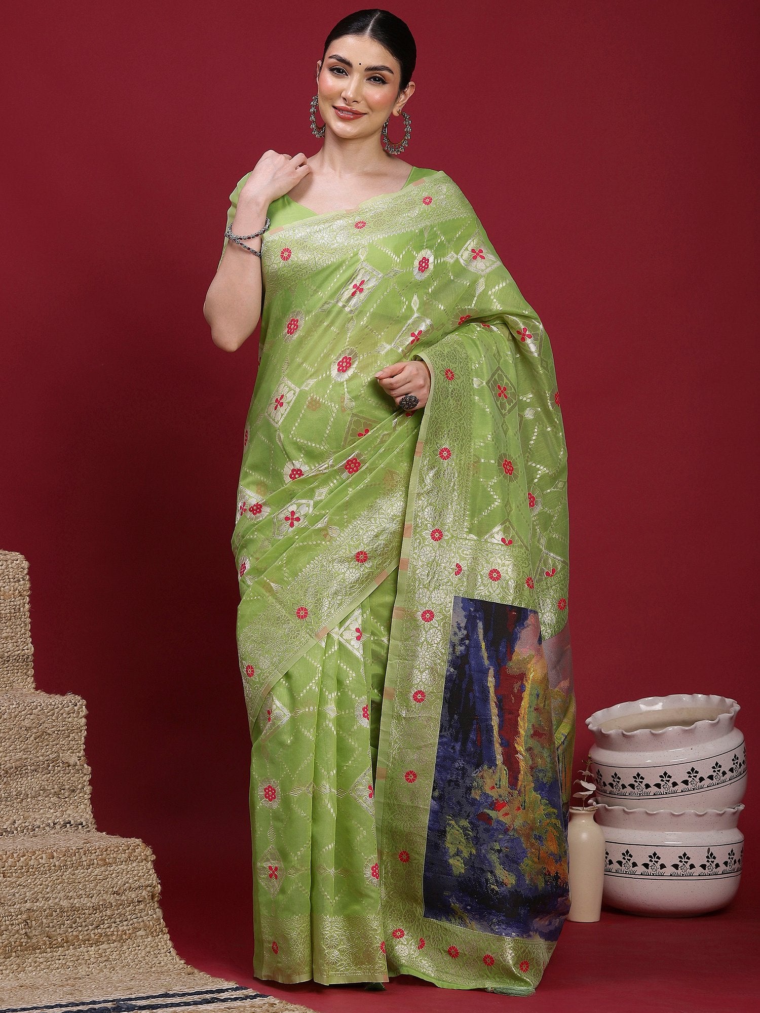 Green Light Banarasi Organza Woven Saree