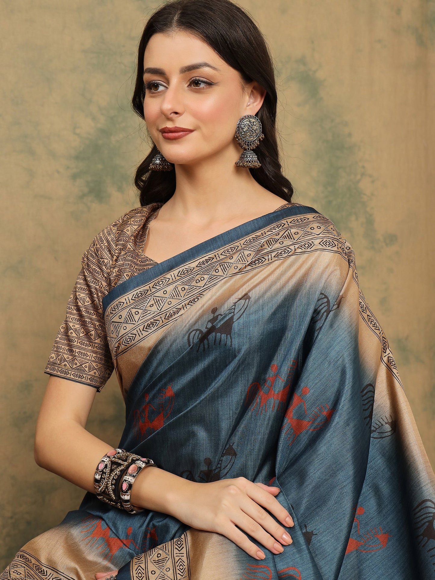 Blue Banarasi Silk Blend Digital Print Saree