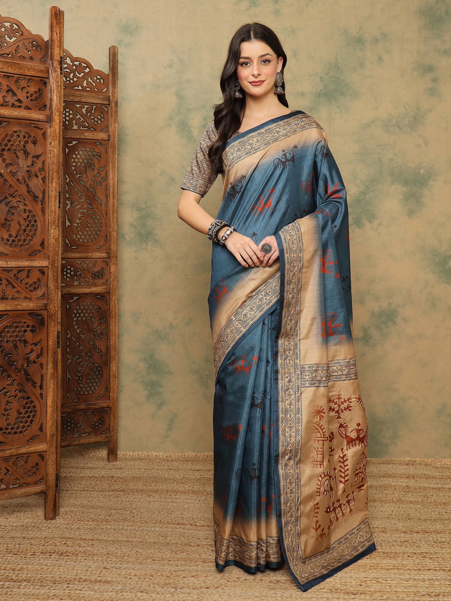 Blue Blue Banarasi Silk Blend Digital Print Saree