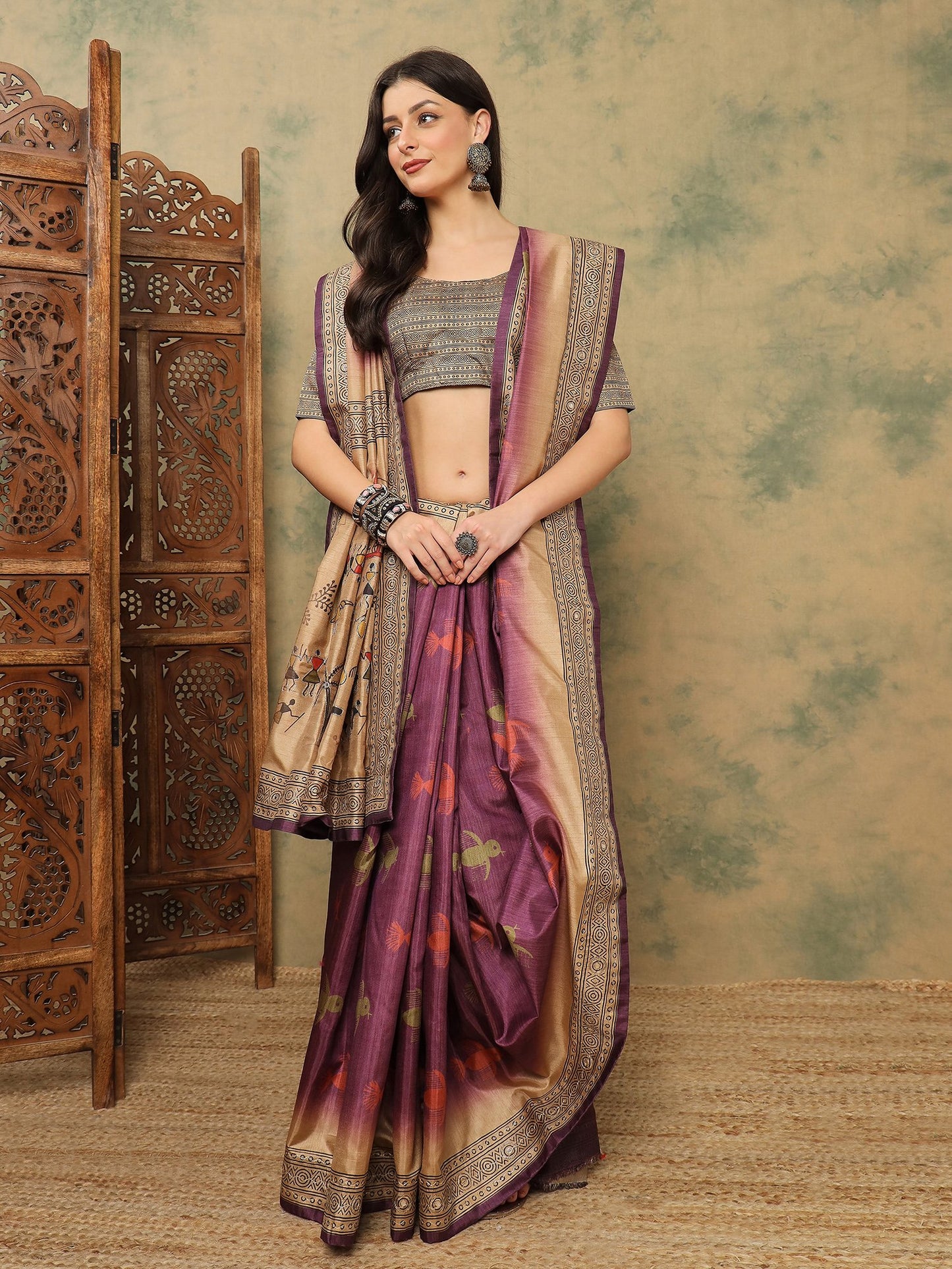Mauve Banarasi Silk Blend Digital Print Saree