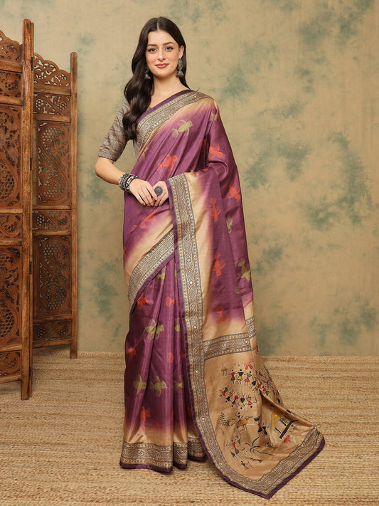 Purple Mauve Banarasi Silk Blend Digital Print Saree