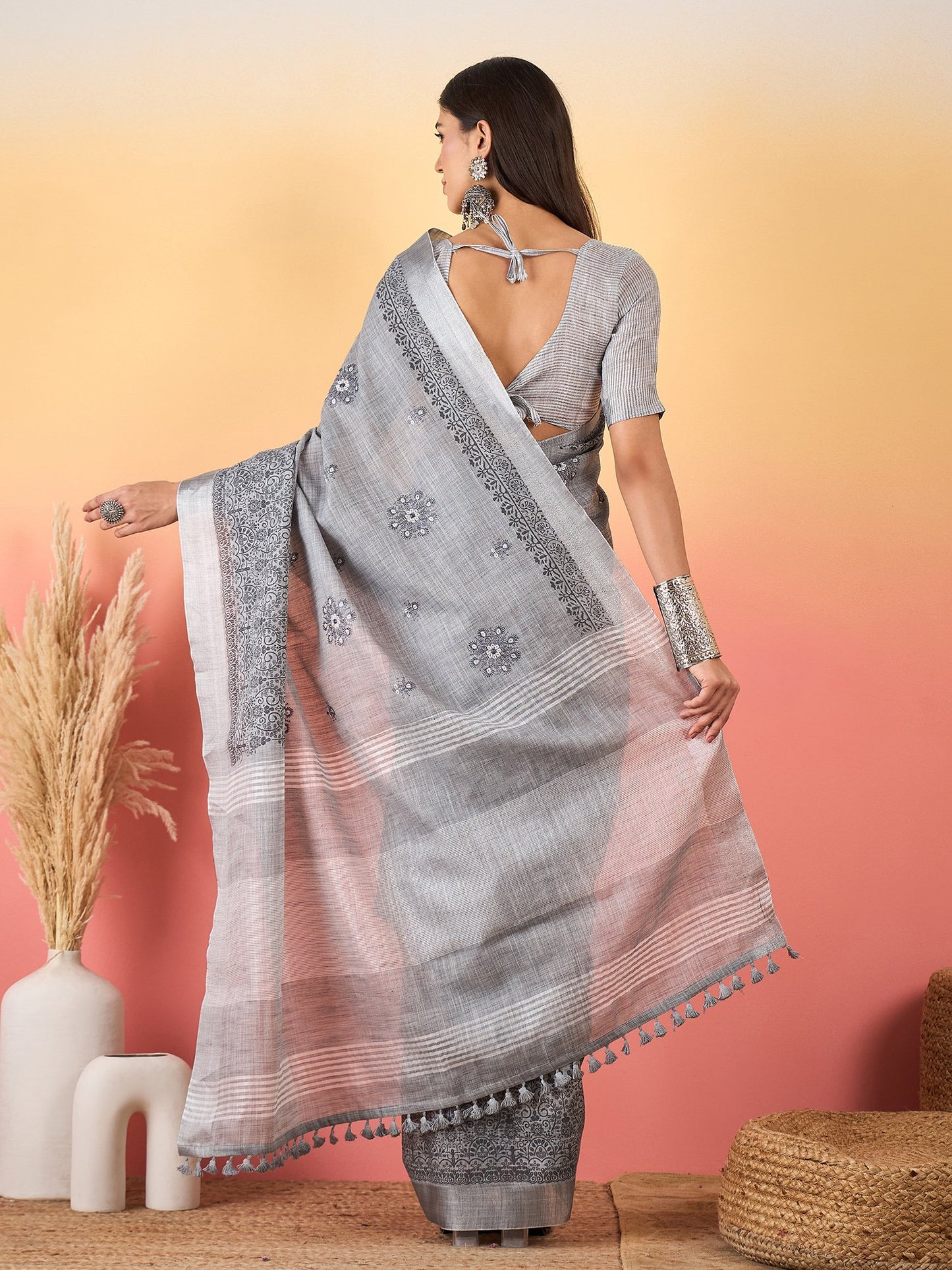 Grey Paithani Linen Woven Saree