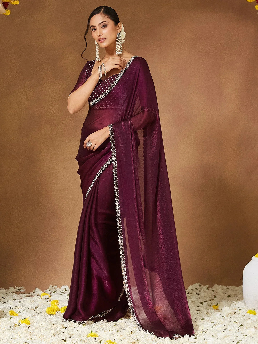 Purple Party Wear Chiffon Embellished Saree - The Dori Store