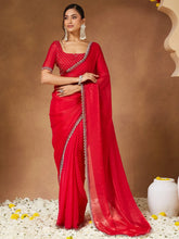 Red Party Wear Chiffon Embellished Saree - The Dori Store