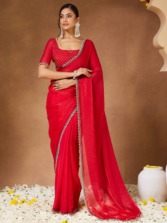 Red Red Party Wear Chiffon Embellished Saree