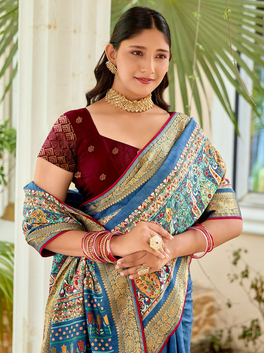 Blue Teal Bhagalpuri Jacquard Printed Saree