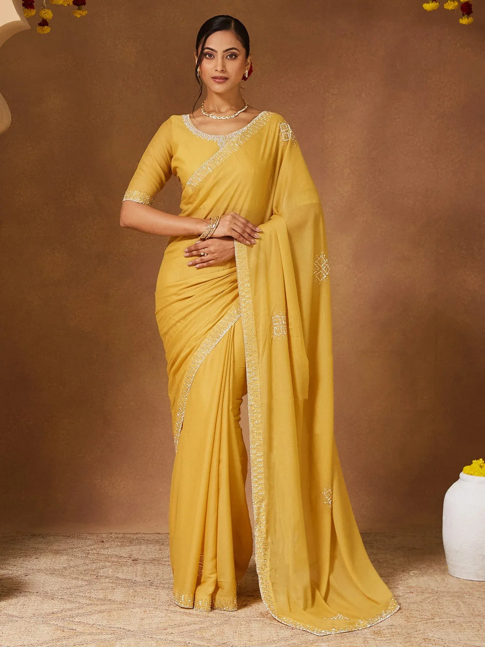 Yellow Party Wear Georgette Embellished Saree - The Dori Store