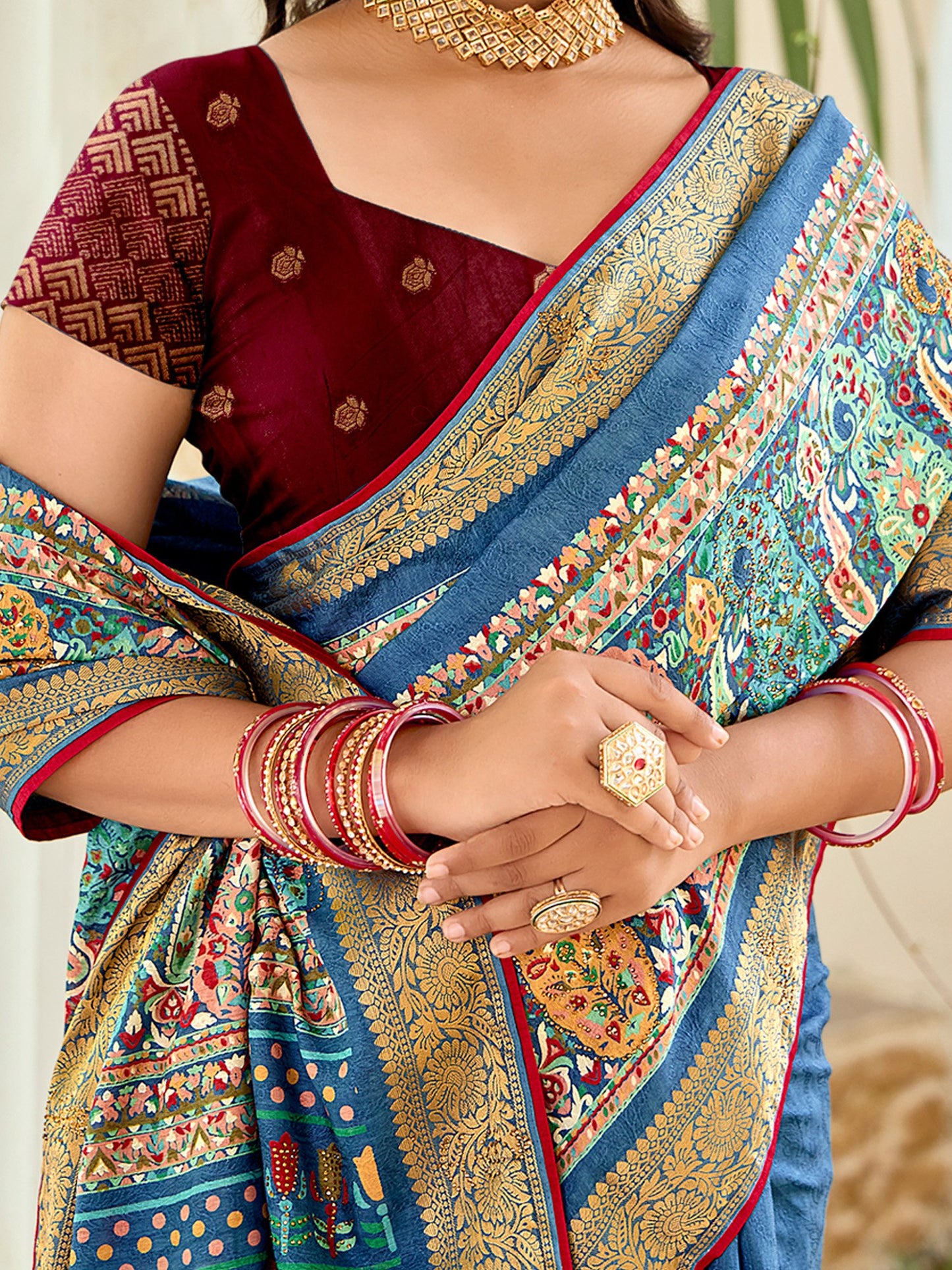 Teal Bhagalpuri Jacquard Printed Saree