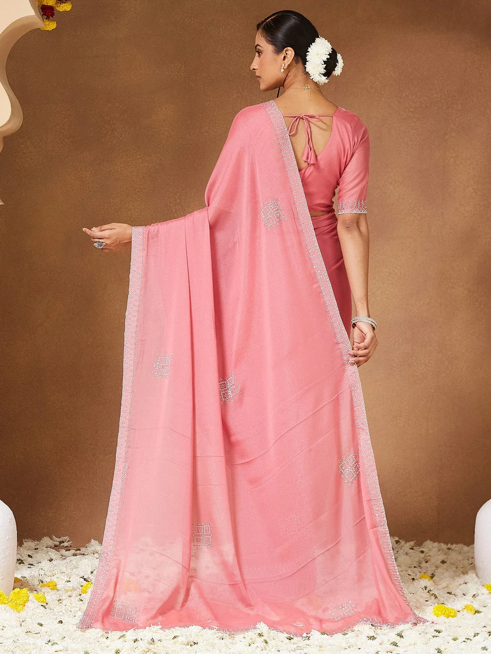 Pink Party Wear Georgette Embellished Saree - The Dori Store