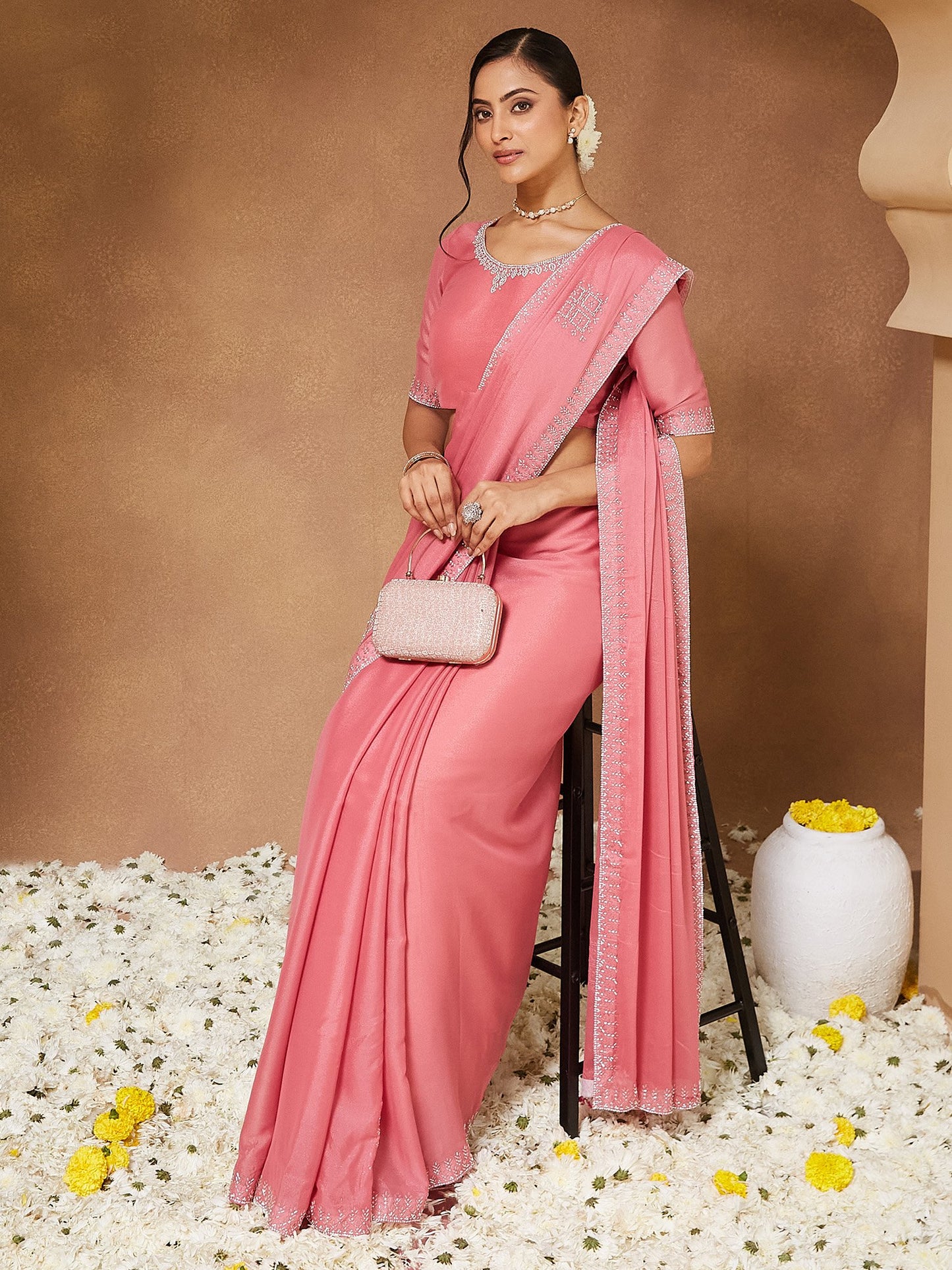 Pink Party Wear Georgette Embellished Saree