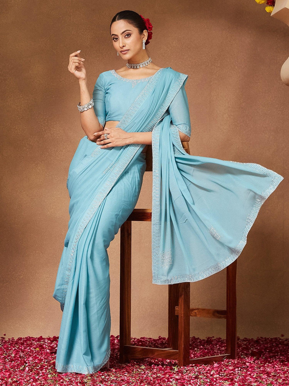 Light Party Wear Georgette Embellished Saree - The Dori Store