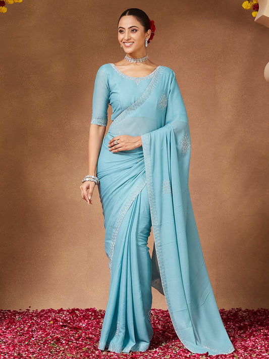 Blue Light Party Wear Georgette Embellished Saree