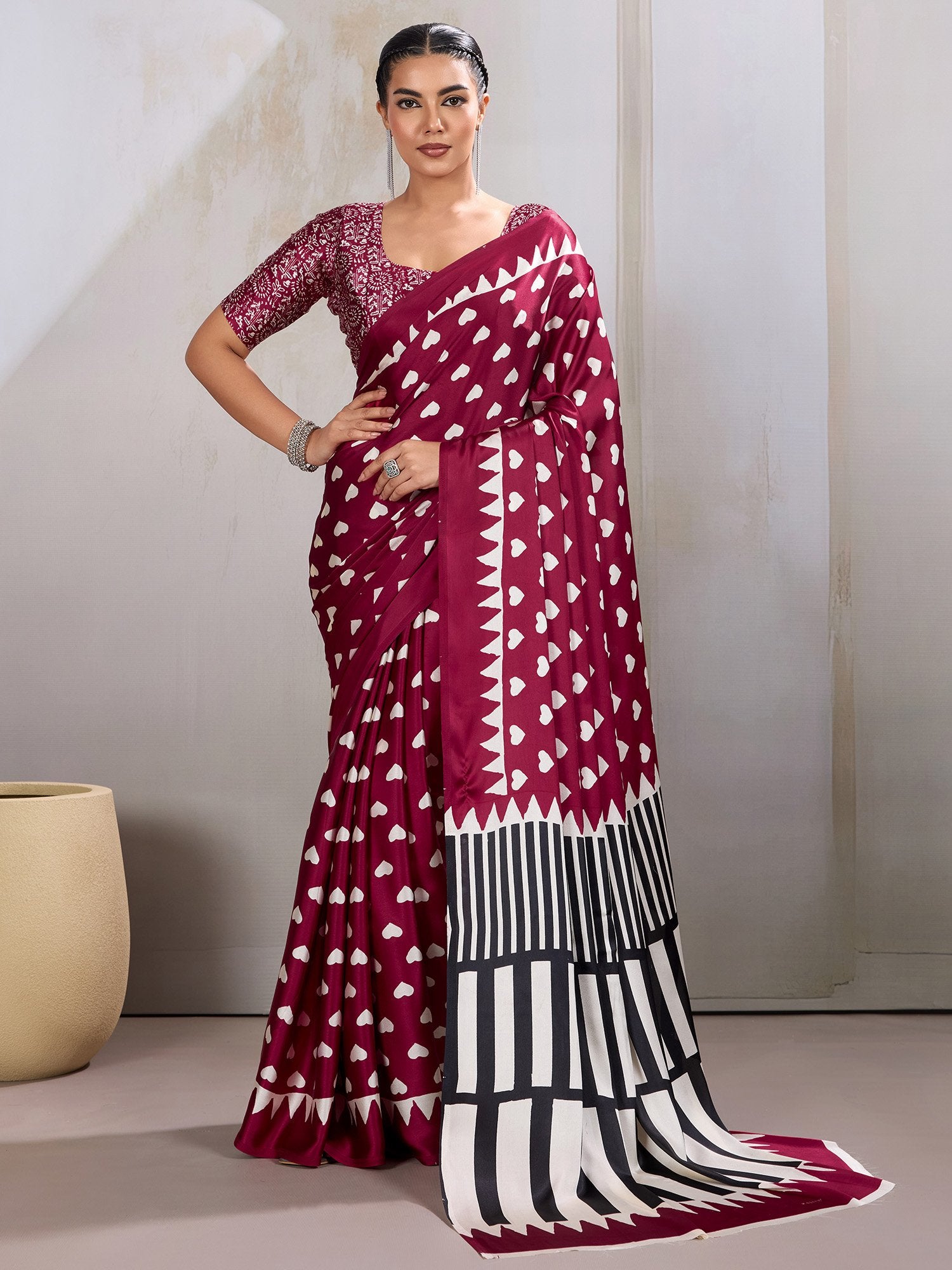 Maroon Maroon Banarasi Satin Printed Saree