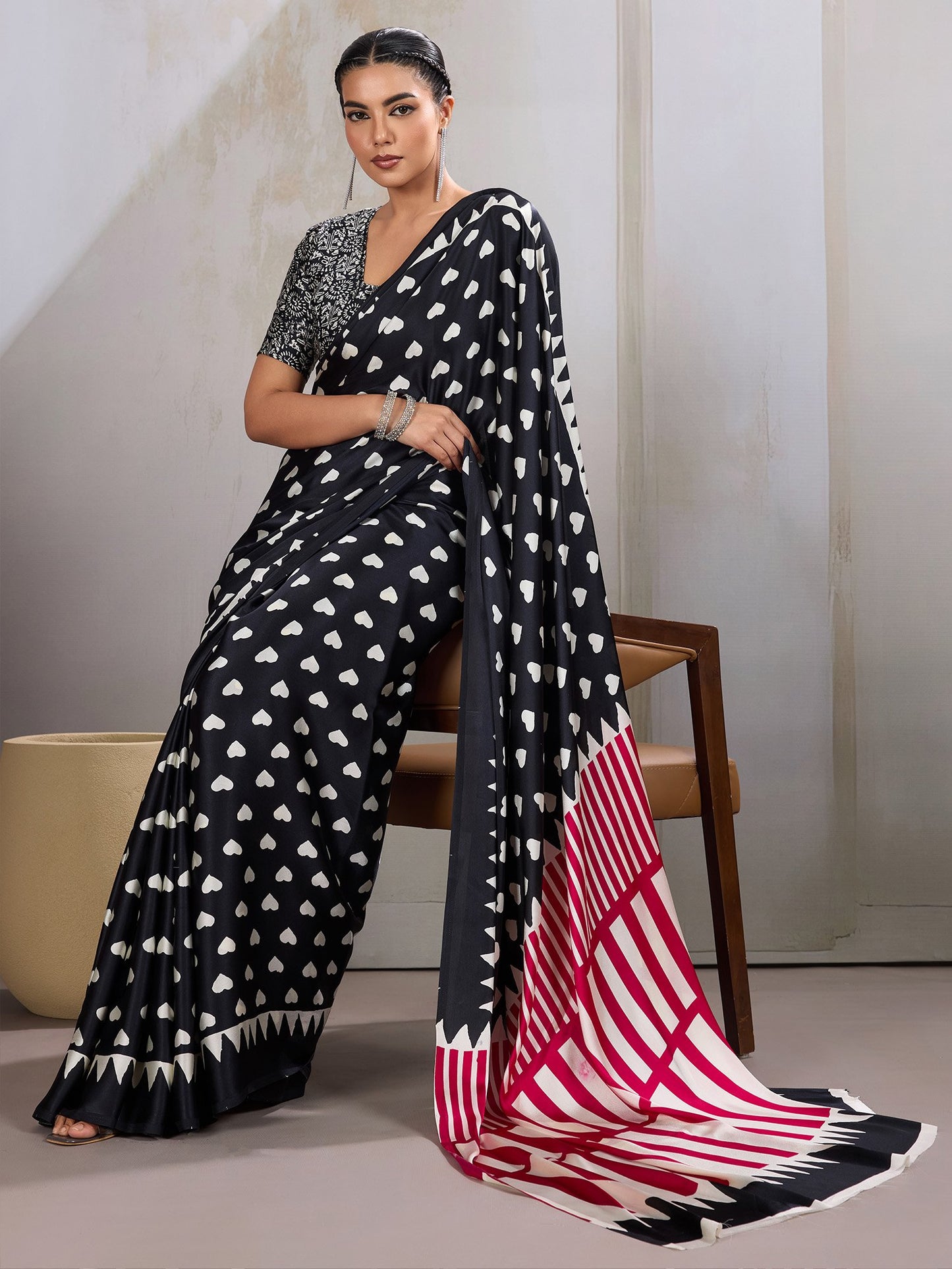 Black Banarasi Satin Printed Saree