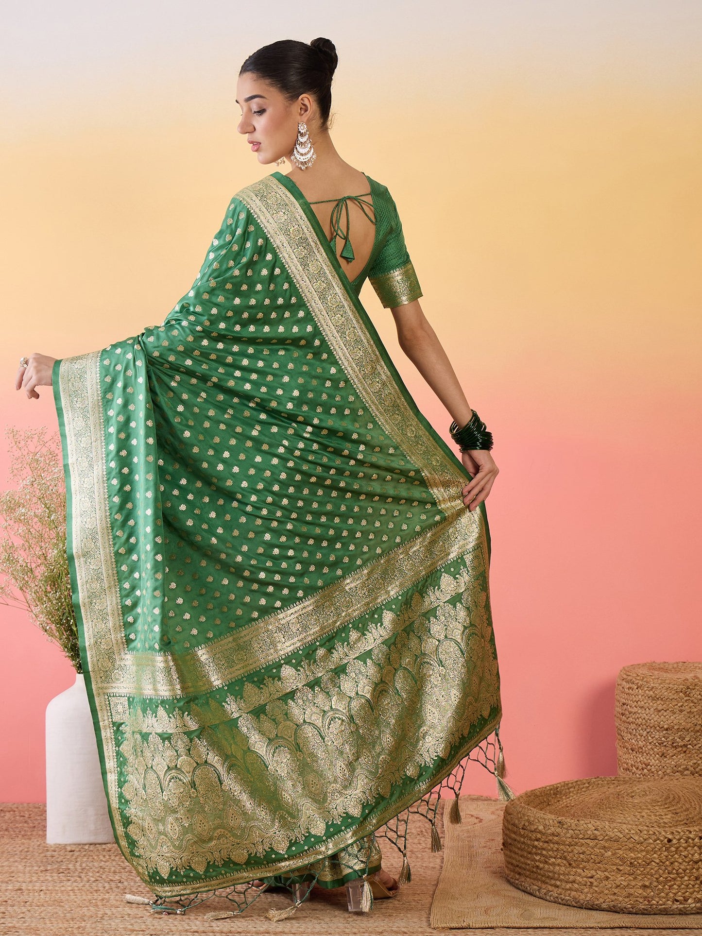 Green Banarasi Satin Silk Woven Saree