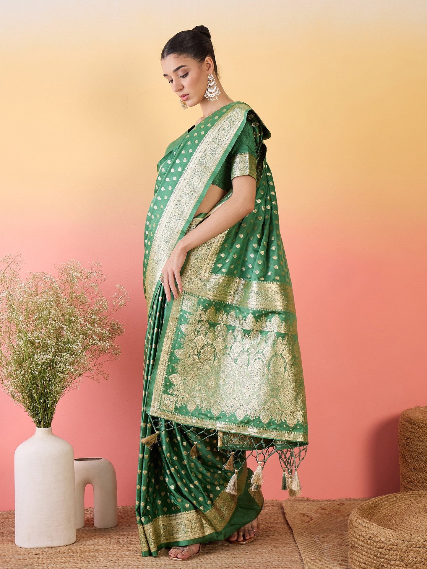 Green Banarasi Satin Silk Woven Saree