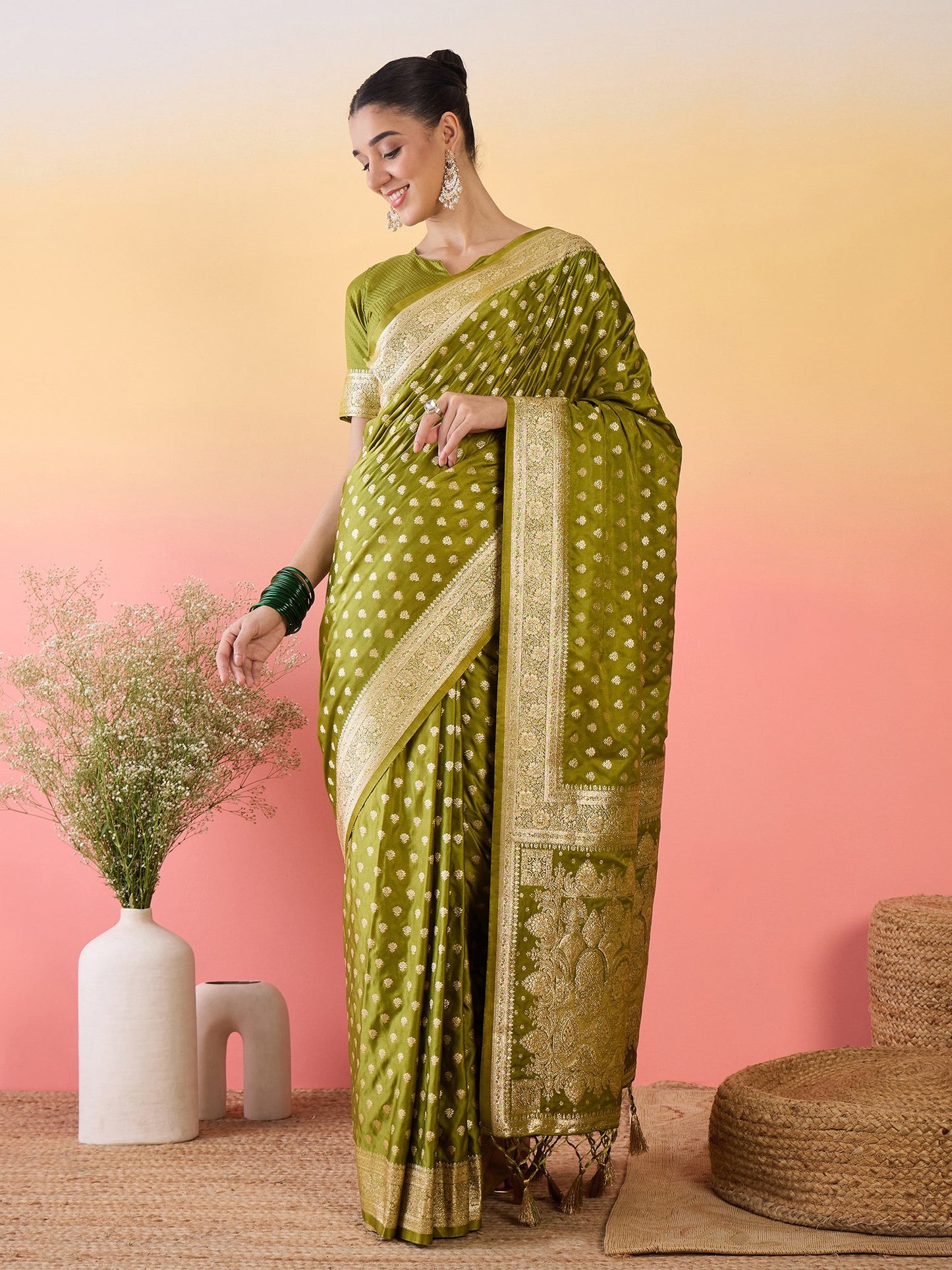Green Light Banarasi Satin Silk Woven Saree