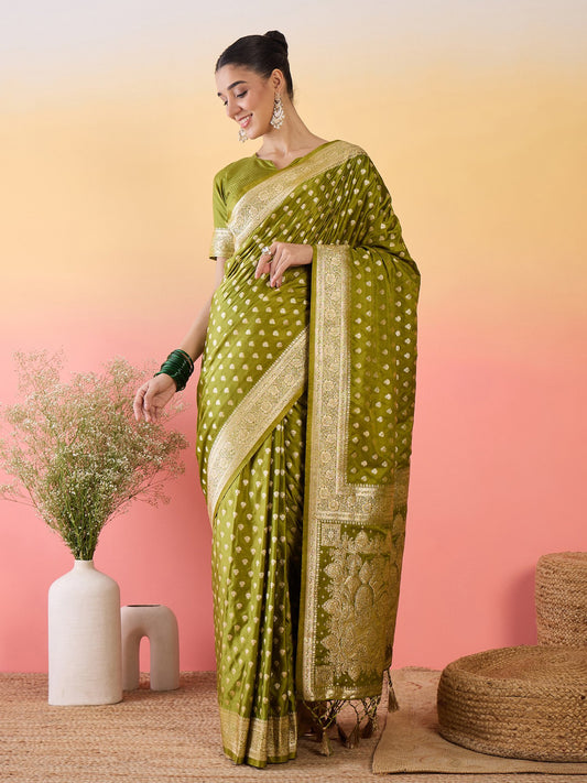 Green Light Banarasi Satin Silk Woven Saree